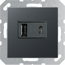 Зарядное устройство USB Jung, USB-A + USB-C, 3A, чёрная панель (Антрацит)