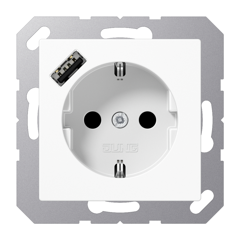 Розетка электрическая Jung со шторками с зарядным устройством USB-A (Белый)
