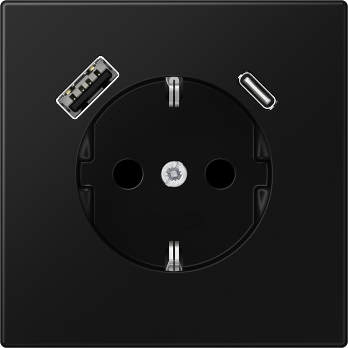 Розетка электрическая Jung со шторками с зарядным устройством USB-A+C (Чёрный матовый)